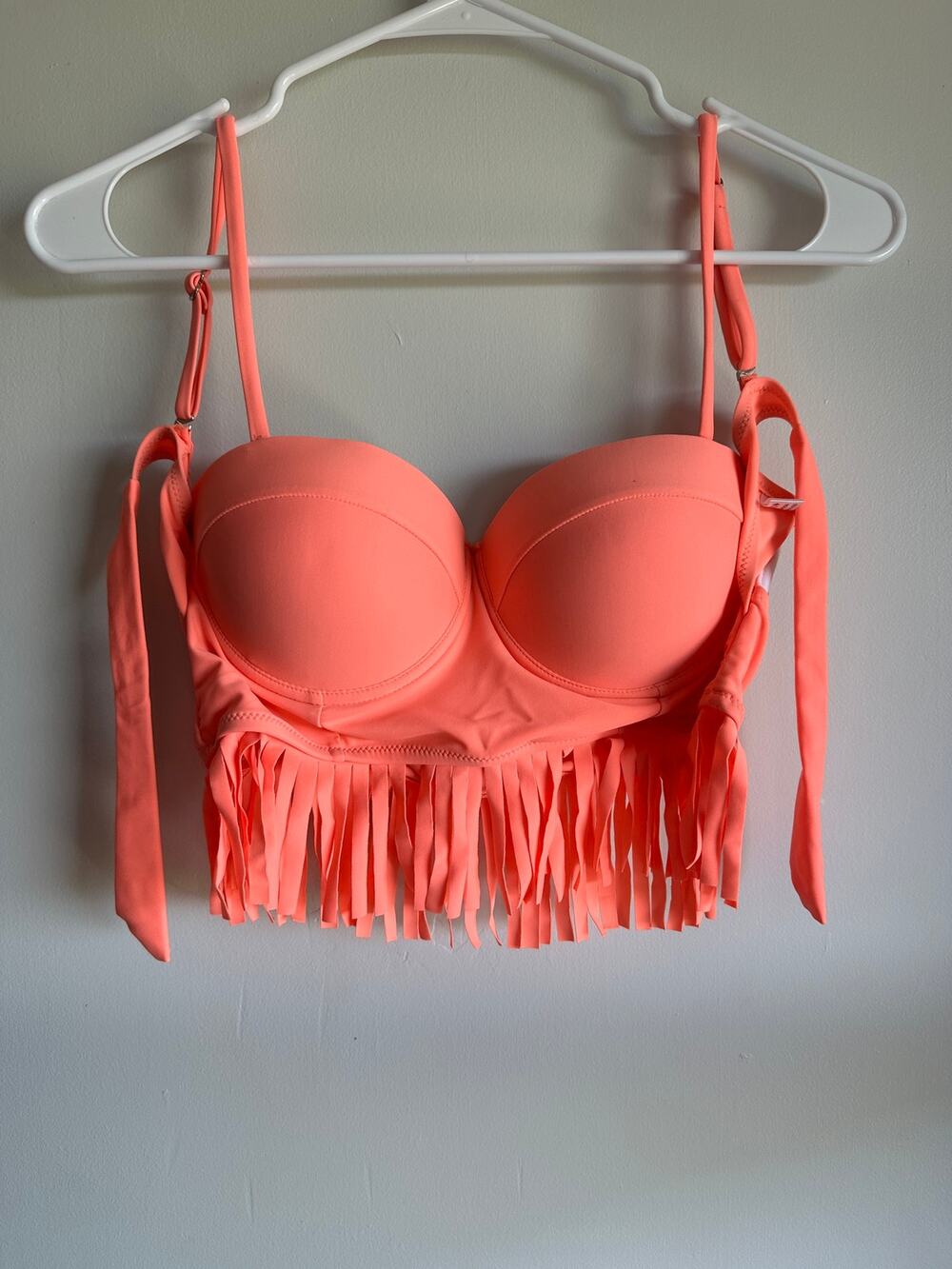 Neon Coral Fringe Bikini Top Medium Underwire Push Up Bustier Swim Padded